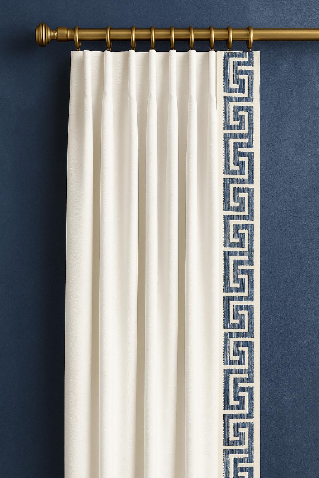 Greek Key Embroidered Trim: Blue & Ivory Cotton Canvas Border, 4" Wide