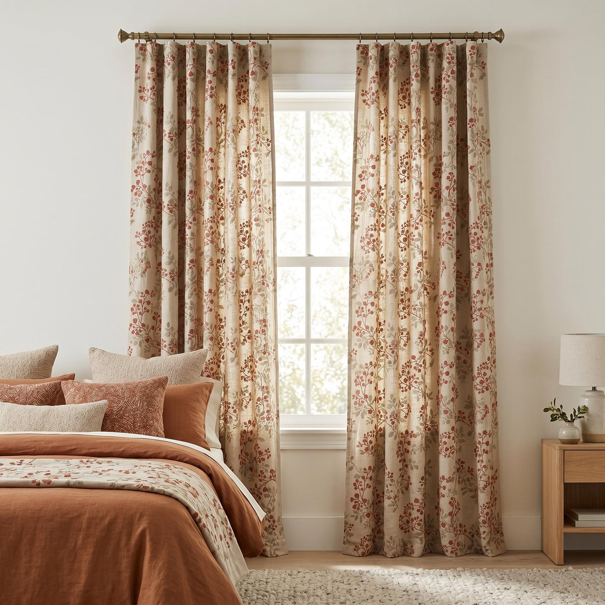 Terracotta Floral Embroidered Curtains, Beige Linen Look Drapes, Rust Red Botanical Custom Window Panels