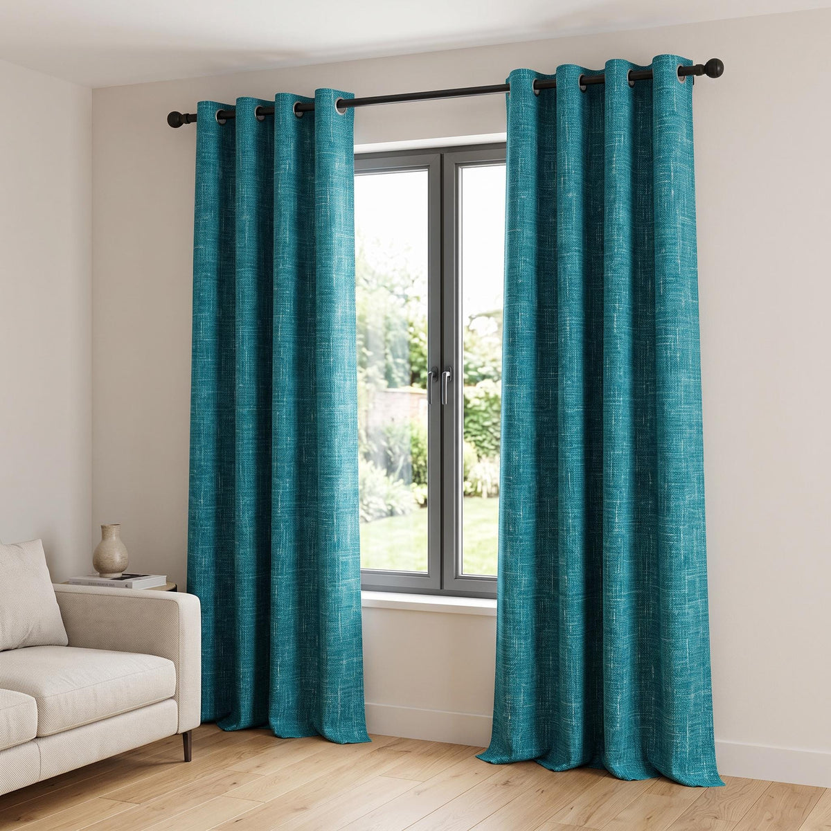 Teal Blue Textured Curtains, Custom Drapes, Turquoise Window Curtains, Linen Look Curtains, Coastal Farmhouse Curtains, Made to Order