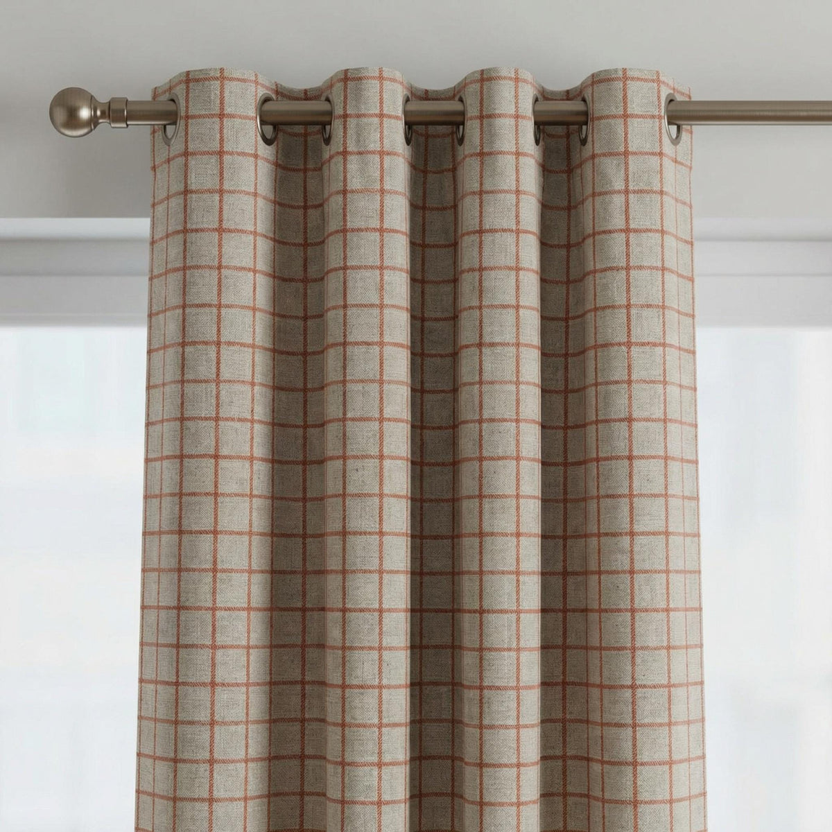 Terracotta Windowpane Curtains, Farmhouse Plaid Drapes, Beige Rust Grid Grommet Panels, Custom Size Window Treatment