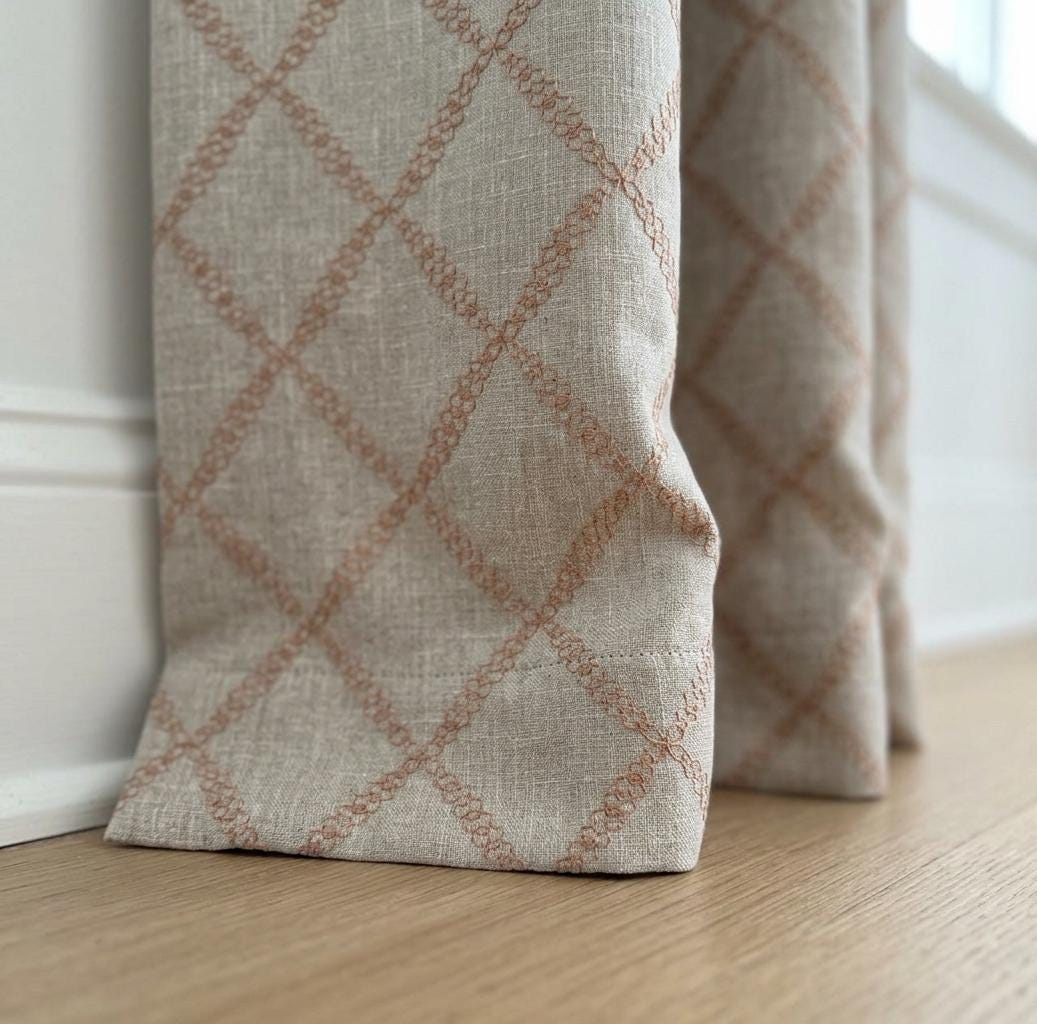 Embroidered Linen Curtains with Terracotta Trellis Pattern, Custom Size Window Drapes, Rustic Boho Living Room Curtains, Custom Panel