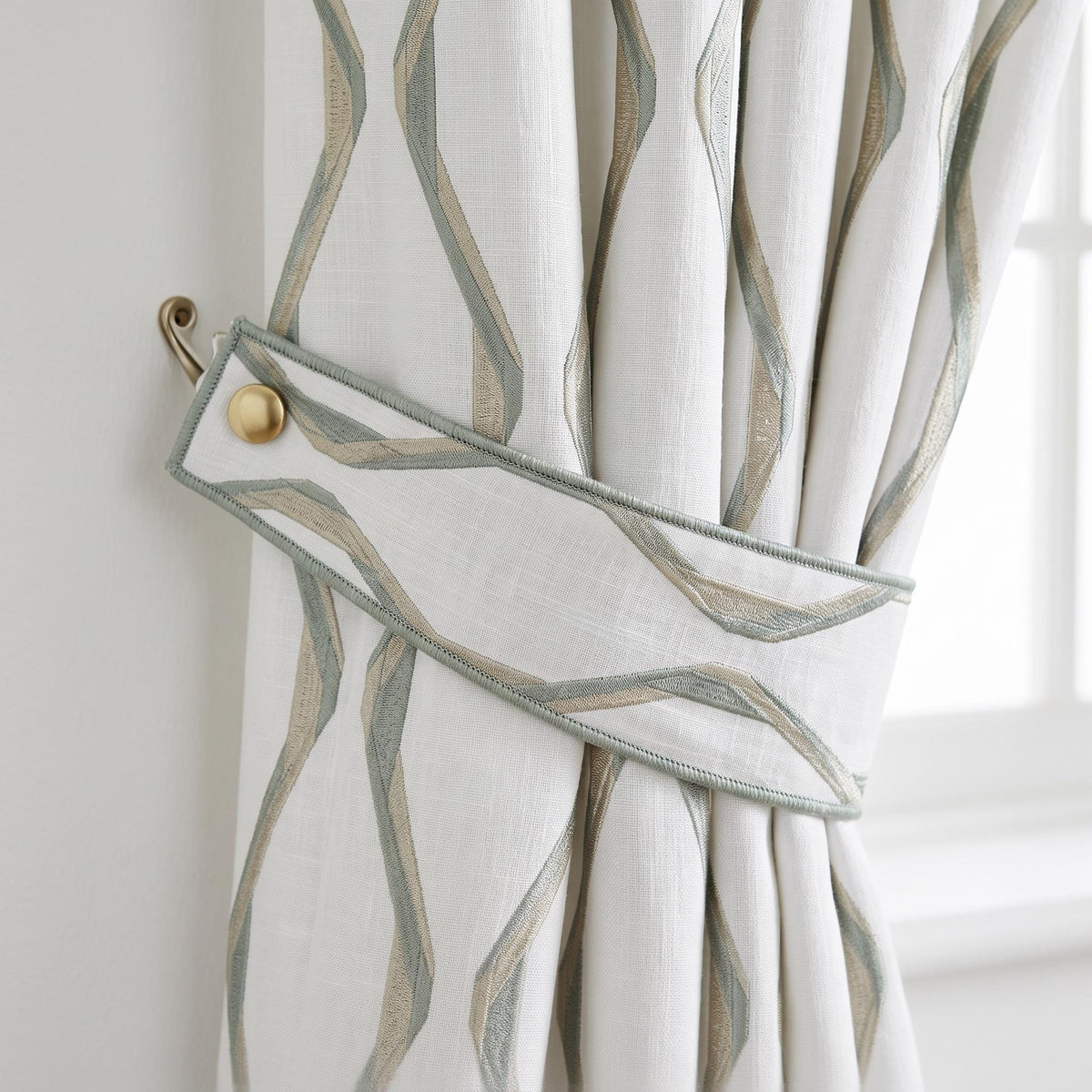Sage Green & Champagne Embroidered Curtain Panel, Wave Geometric Off White Linen Drapes, Raised Stitch Custom Size  Drapes