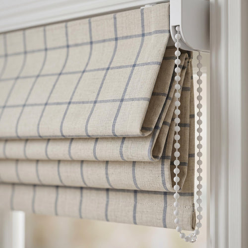 Beige Blue Check Roman Shade, Linen Look Windowpane Roman Blind, Farmhouse Plaid Window Treatment, Custom Kitchen Shade