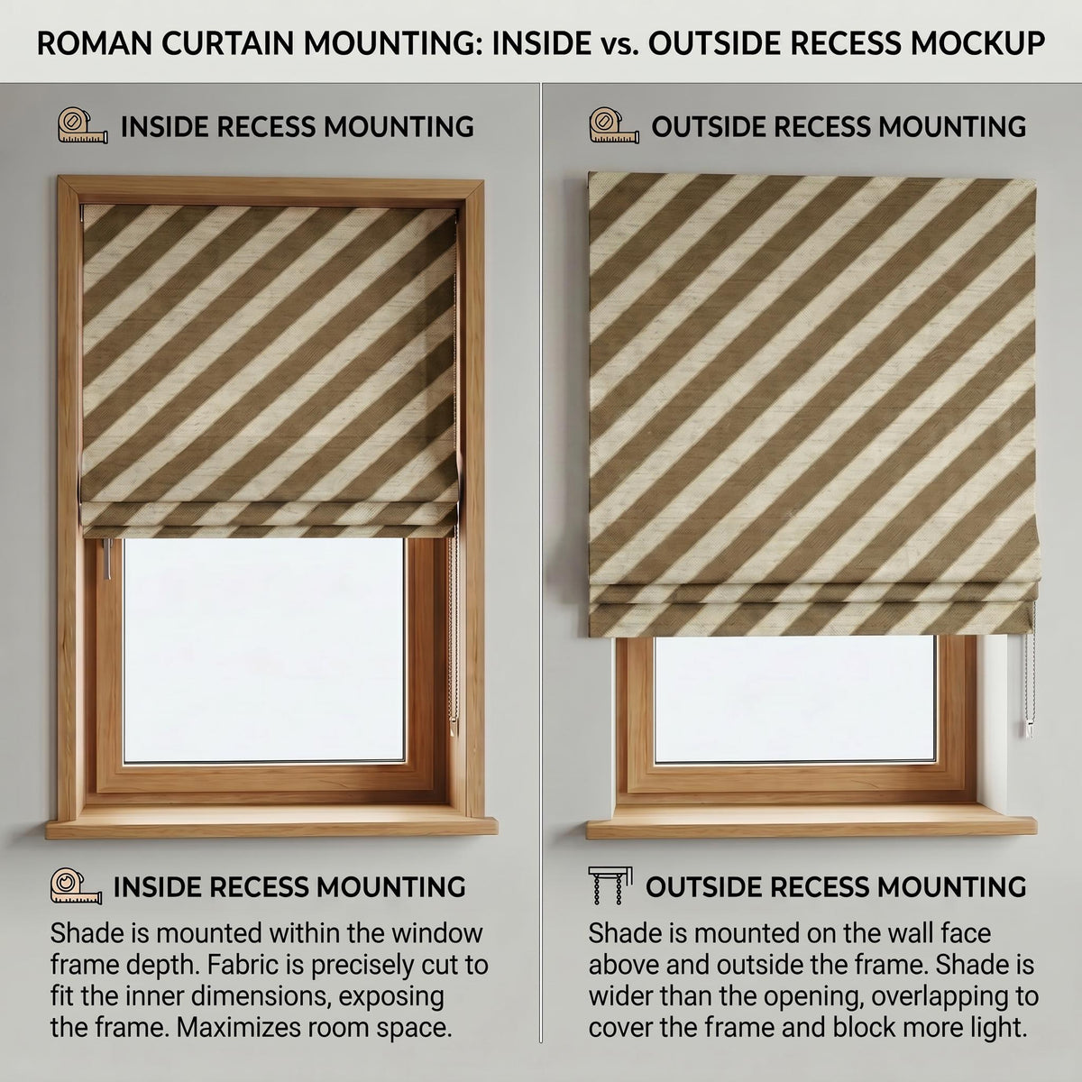 Olive Green Striped Roman Shade, Custom Window Blinds, Farmhouse Linen Look Shade, Tailored Neutral Striped Kitchen Drapes