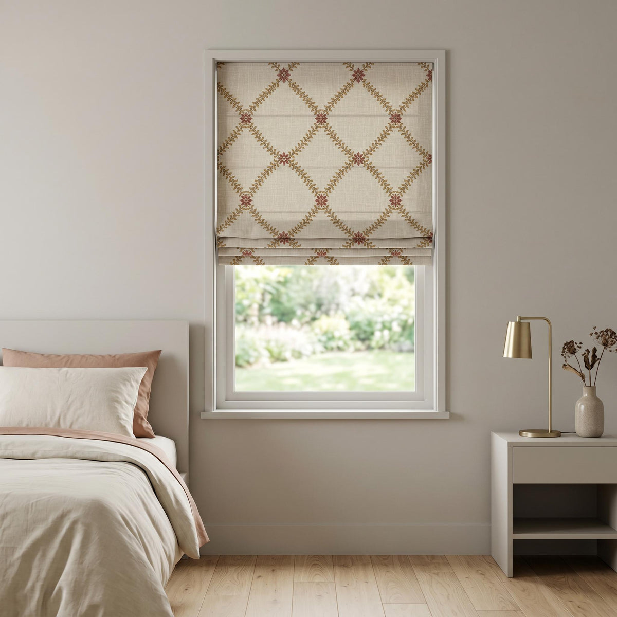 Beige Embroidered Roman Shade, Floral Vine Roman Blind, Custom Linen Look Window Shade, Farmhouse Privacy Window Covering