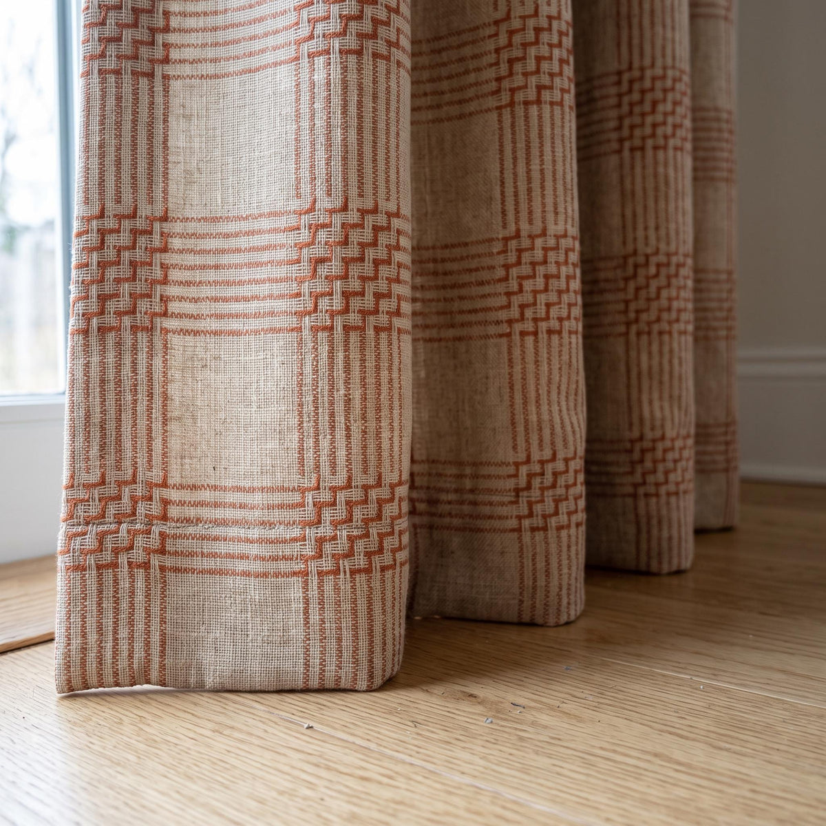 Terracotta Rust Geometric Grid Linen Curtains, Woven Plaid Drapes, Custom Textured Neutral Window Treatments, Modern Farmhouse Drapery