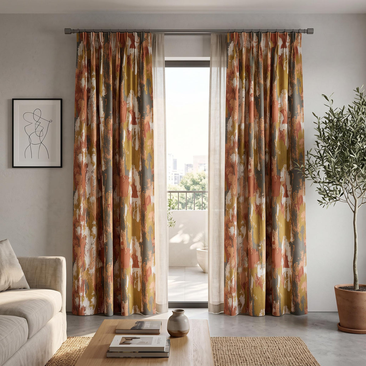 Abstract Paint Stroke Curtains, Terracotta Rust & Ochre Drapes, Modern Expressionist Window Panels, Custom Mid Century Living Room Decor