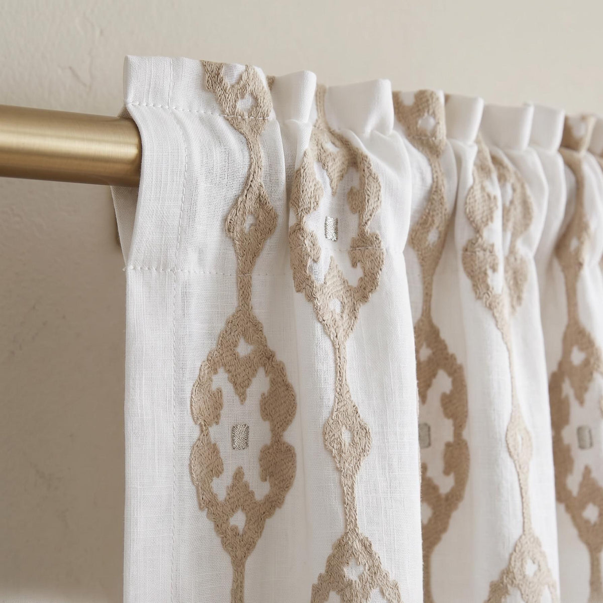 Beige Embroidered Curtains, Geometric Linen Curtain Panels, Neutral Farmhouse Drapes, Custom Window Treatments