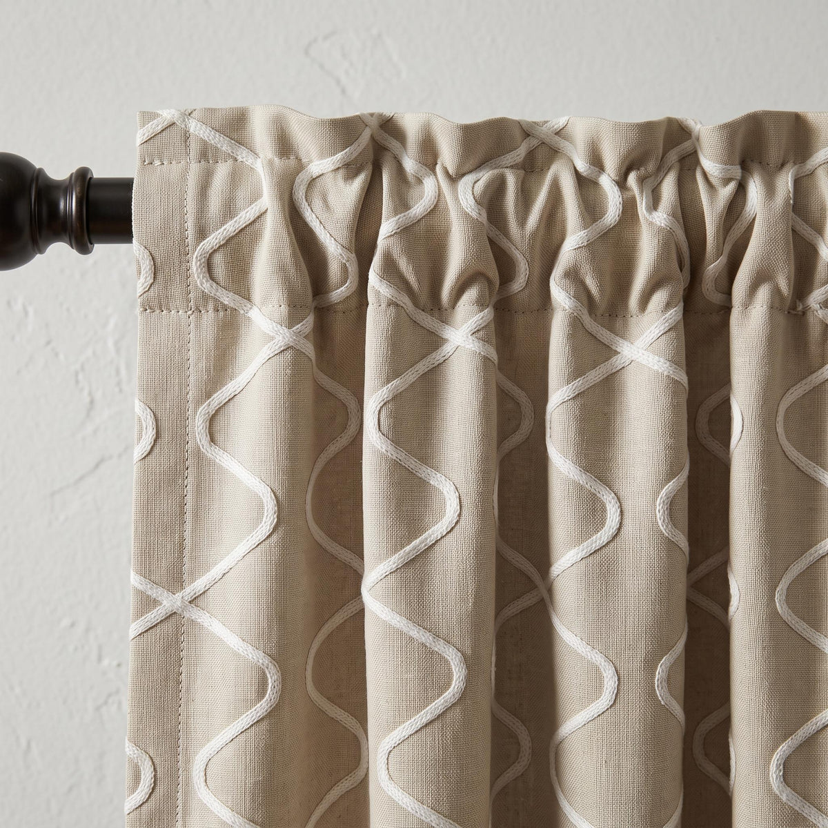 Beige Geometric Embroidered Curtains, White Lattice Linen Blend Window Drapes, Modern Ogee Custom Curtain Panels, Neutral & Bedroom Drapes