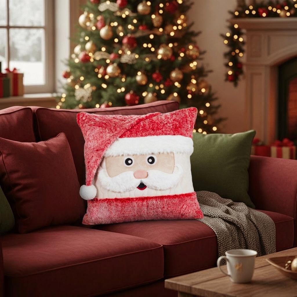 3D Santa Face Pillow Cover – Faux Fur & Velvet Christmas Decor
