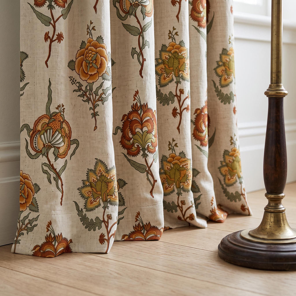 Vintage Botanical Block Print Curtains, Mustard Yellow Sage Floral Linen Drapes