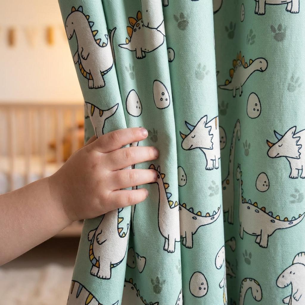 Dinosaur Curtains for Kids Room, Nursery Dino Curtains, Mint Green Kids Window Panels, Custom Size Bedroom Drapes