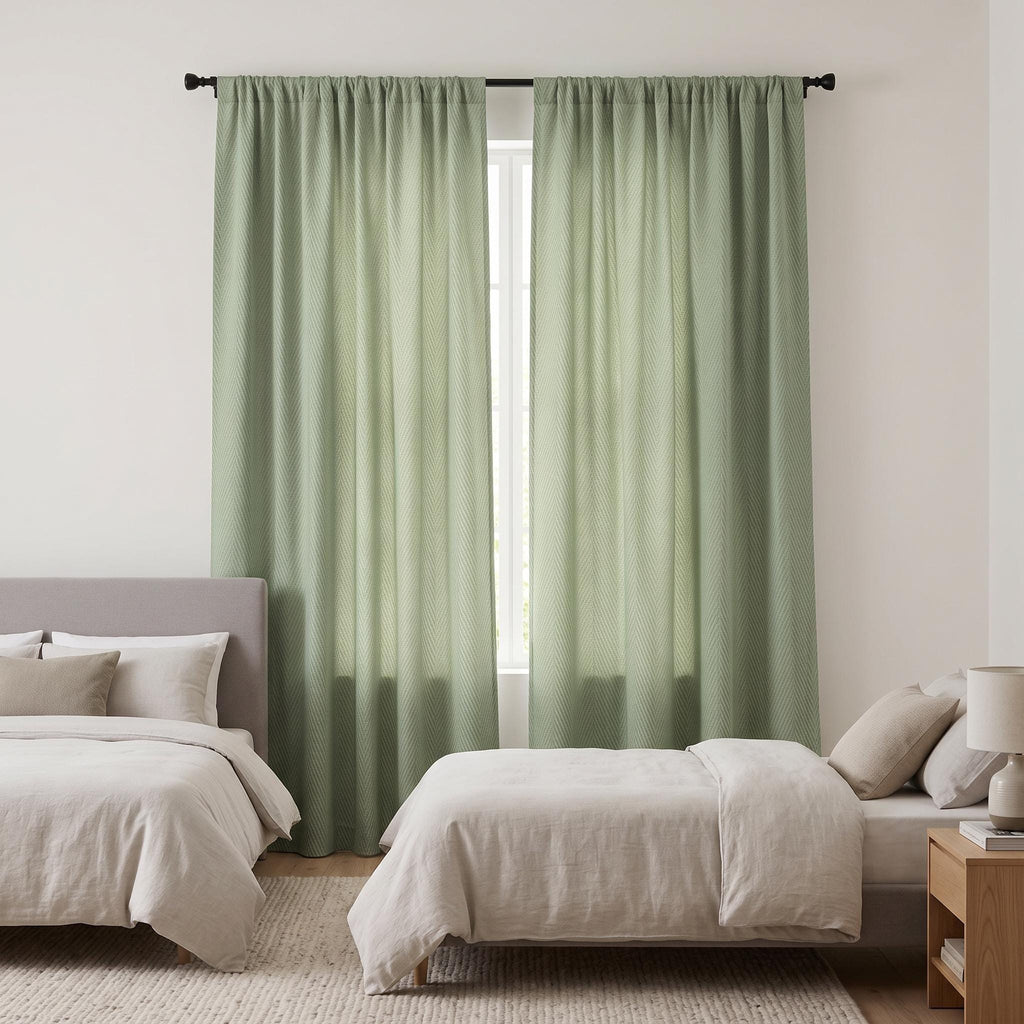 Custom Sage Green Herringbone Curtains | 100% Cotton Textured Window Drapes for Living Room & Bedroom | Handmade Light Filtering or Blackout