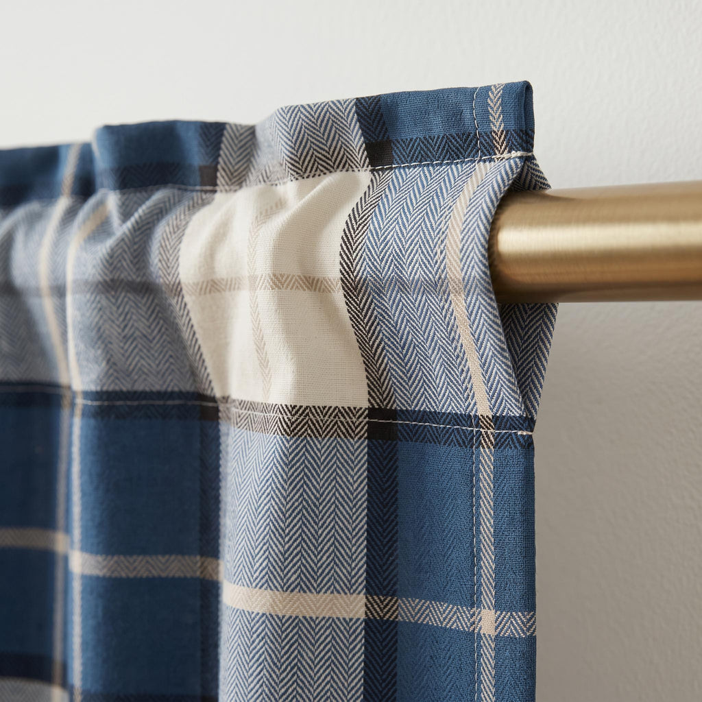 Blue Herringbone Plaid Curtains , Custom Made Drapes , Woven Checkered Window Curtains , Farmhouse Coastal Curtains