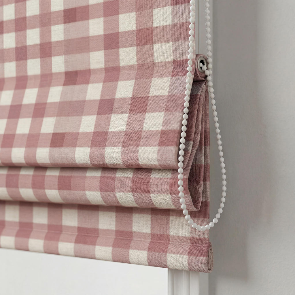 Pink Gingham Roman Shade, Custom Check Roman Blind, Blush Pink Window Shade, Farmhouse Cottage Kitchen Curtain, Linen Look Roman Curtain