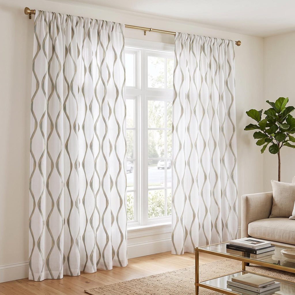 Sage Green & Champagne Embroidered Curtain Panel, Wave Geometric Off White Linen Drapes, Raised Stitch Custom Size  Drapes