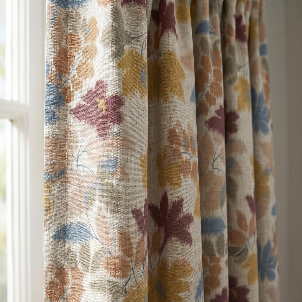 Watercolor Floral Linen Drapes, Autumn Botanical Panels, Custom Window Treatment