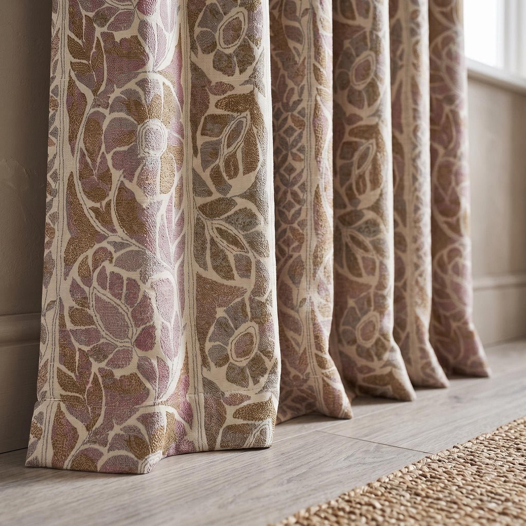 Botanical Floral Cotton Linen Curtains – Muted Mauve, Taupe Textured Drapes – Vintage Elegance Bedroom and Living Room Window Panels
