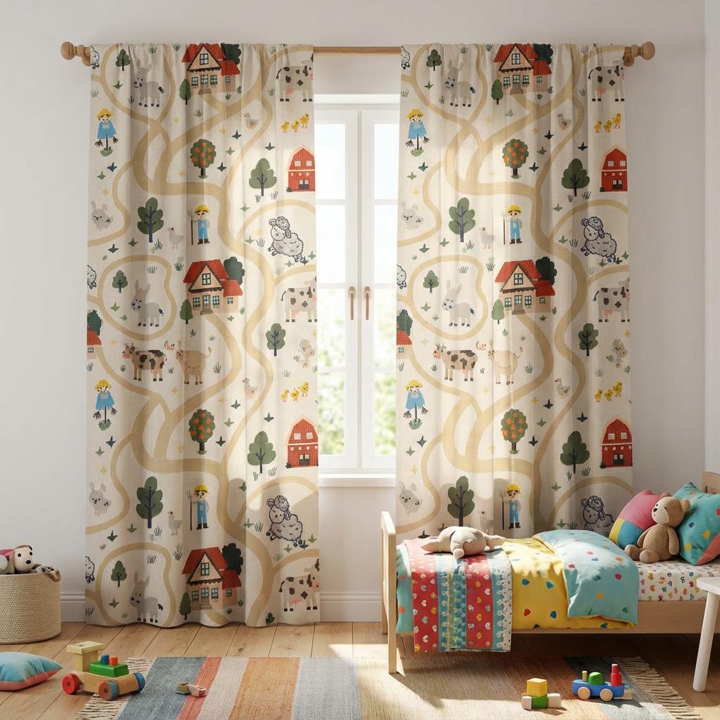 Kids Nursery Curtains Farm Village Design | Custom Made Children’s Drapes | 50 or 100 Inch Wide | Light Filtering or Blackout