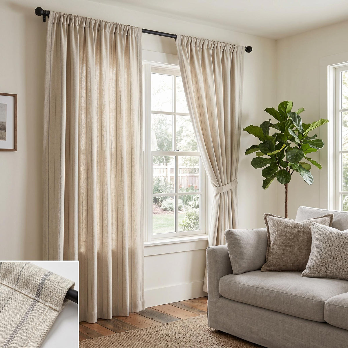 Natural Linen Stripe Curtains, Cotton Blend Custom Drapes, Beige Farmhouse Window Panel