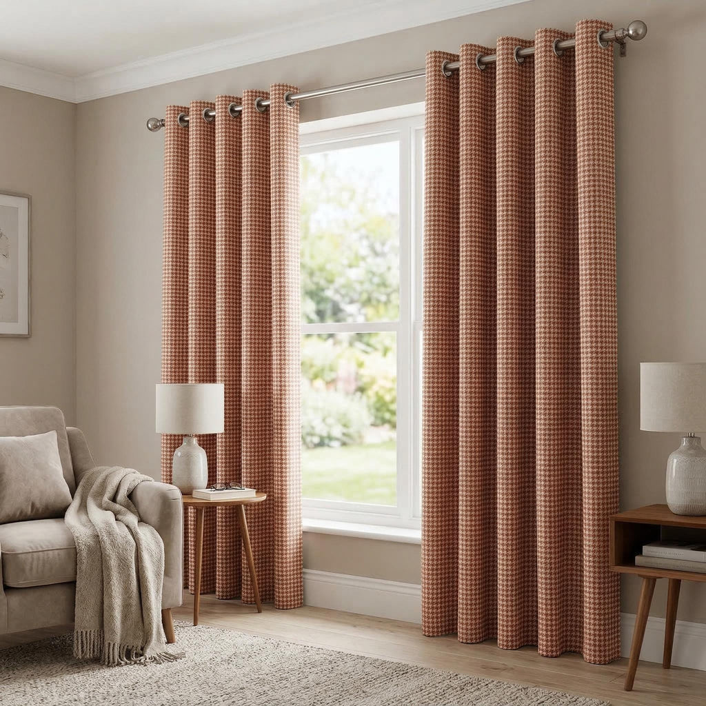 Terracotta Houndstooth Curtains, Rust Pattern Drapes, Custom Window Panels, Farmhouse Curtains, 4 Header Style Options Available