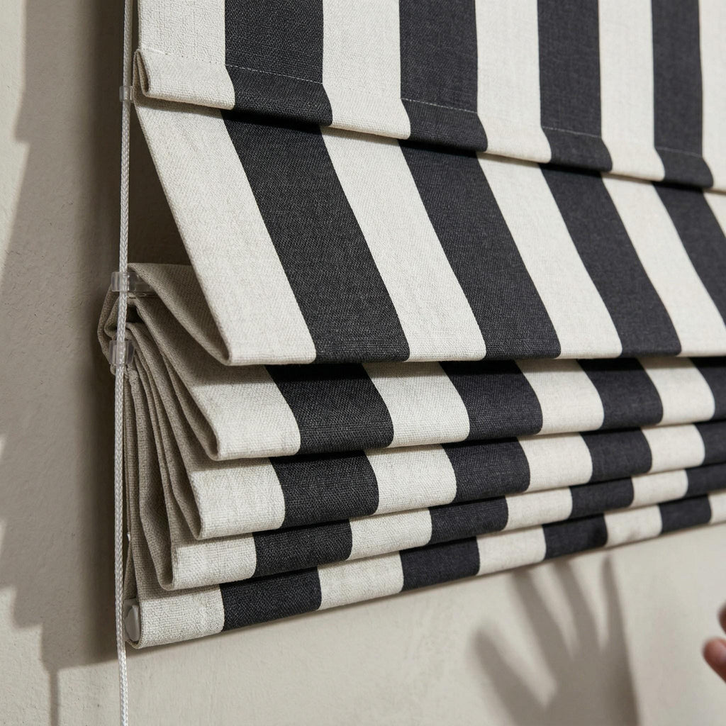 Luxury Striped Roman Shade | Heavy Upholstery Fabric Window Blind | Black White Custom Roman Curtain | Modern Tailored Window Treatment