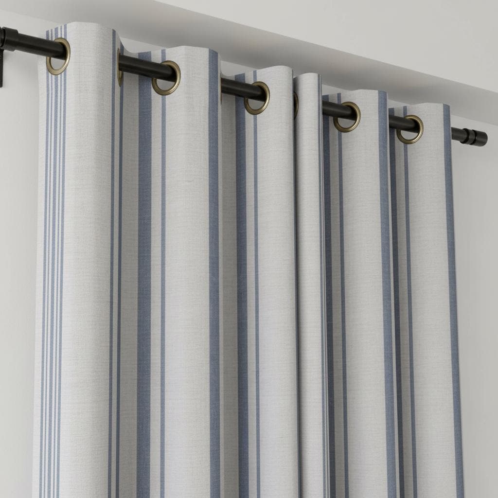 Blue Striped Cotton Linen Look Curtains, Vertical Stripe Drapes, Light Filtering Window Curtains, Custom Size Panels