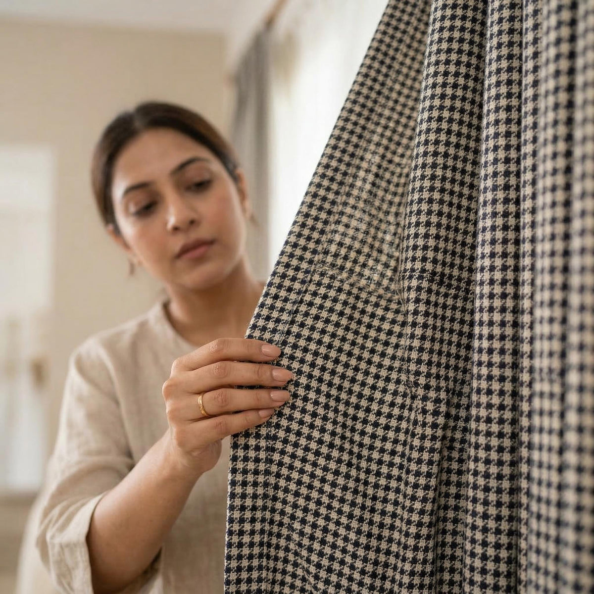 Navy Houndstooth Curtains, Grommet Top Drapes, Custom Size Window Panels, Modern Pattern Curtains for Living Room & Bedroom