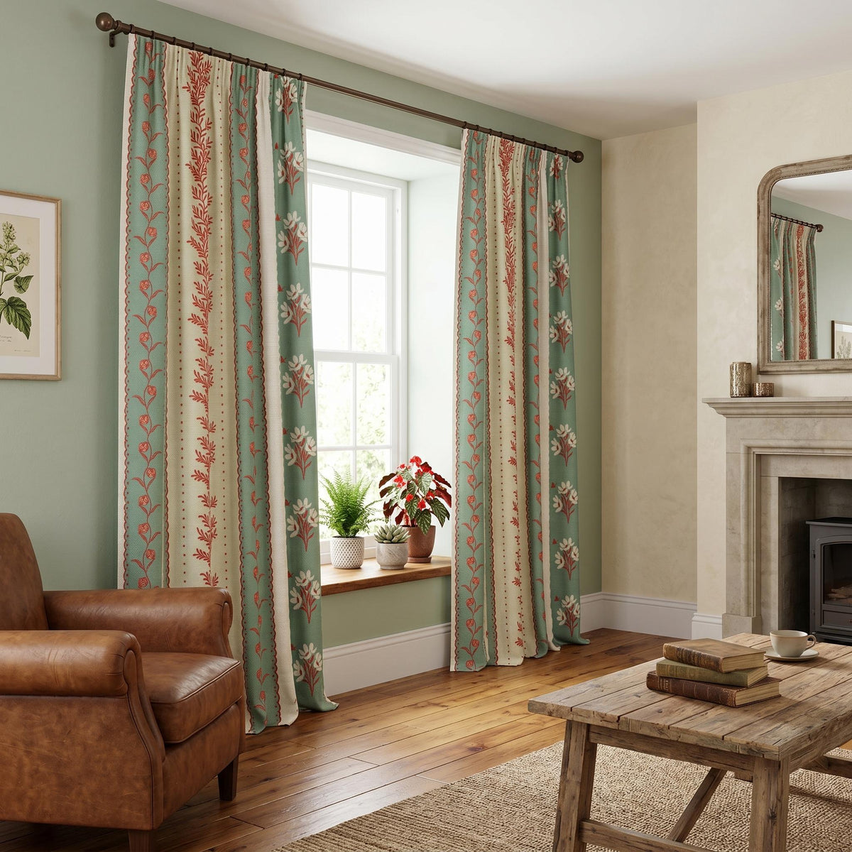 Custom Floral Curtains | Green Botanical Drapes, Euro Pleat Panels (Oeko-Tex Fabric)
