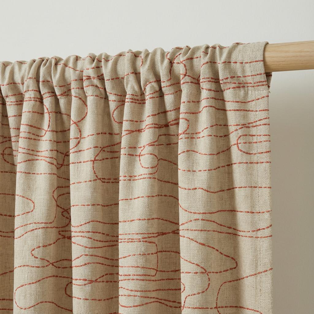 Abstract Line Linen Curtain, Beige Neutral Drapes with Rust Contour Design, Custom Made Modern Window Curtain