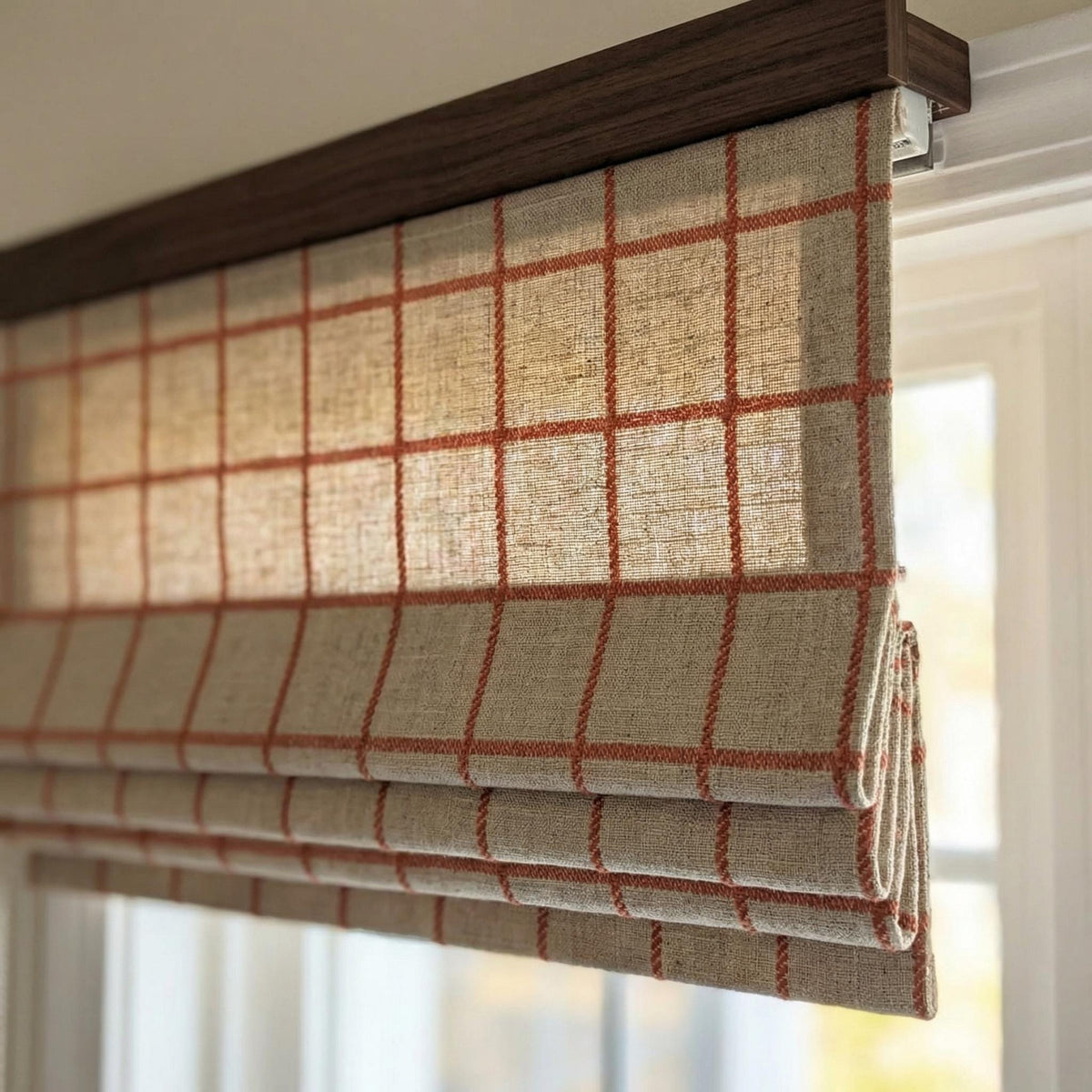 Rust Plaid Roman Shade – Beige Linen Look Windowpane Roman Blind – Farmhouse Custom Roman Curtain – Neutral Check Window Treatment