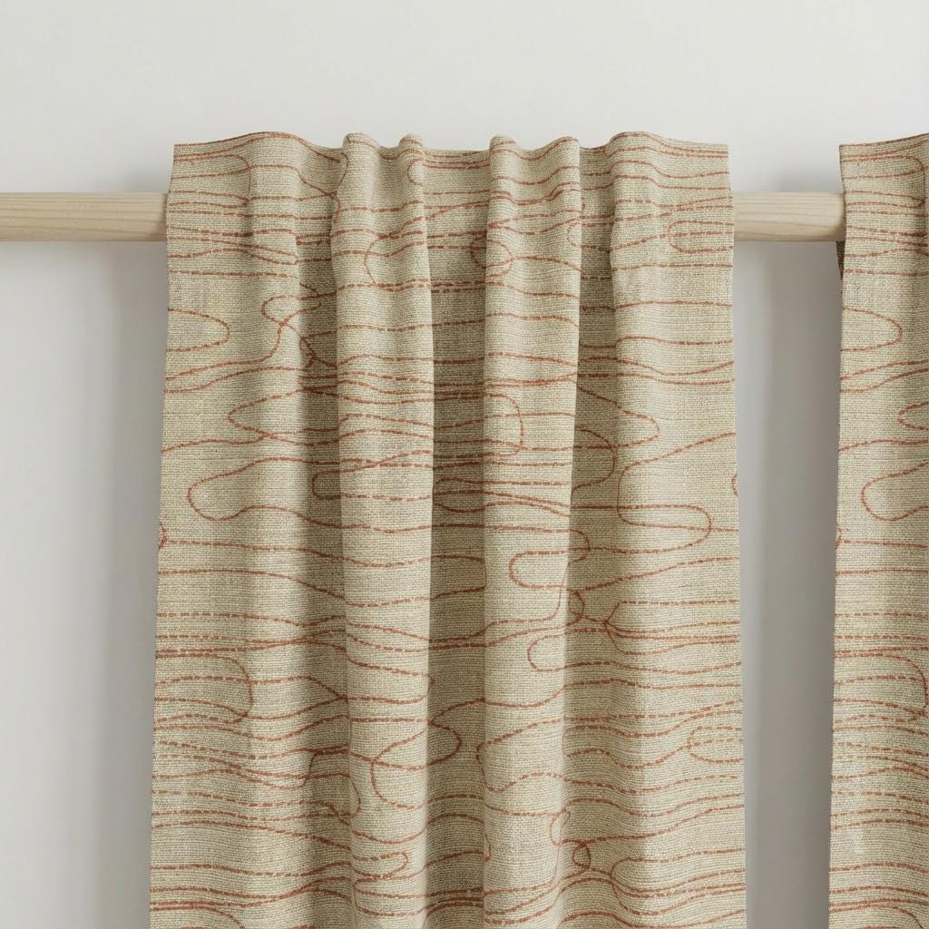 Abstract Line Linen Curtain, Beige Neutral Drapes with Rust Contour Design, Custom Made Modern Window Curtain