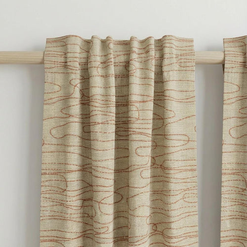 Abstract Line Linen Curtain, Beige Neutral Drapes with Rust Contour Design, Custom Made Modern Window Curtain