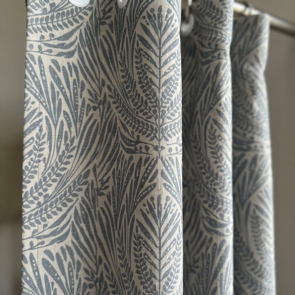 Blue Slate Botanical Linen Drapes, Muted Blue Fern Leaf Curtain Panels, Earthy Leafy Print Curtains, Blackout or Light Filtering