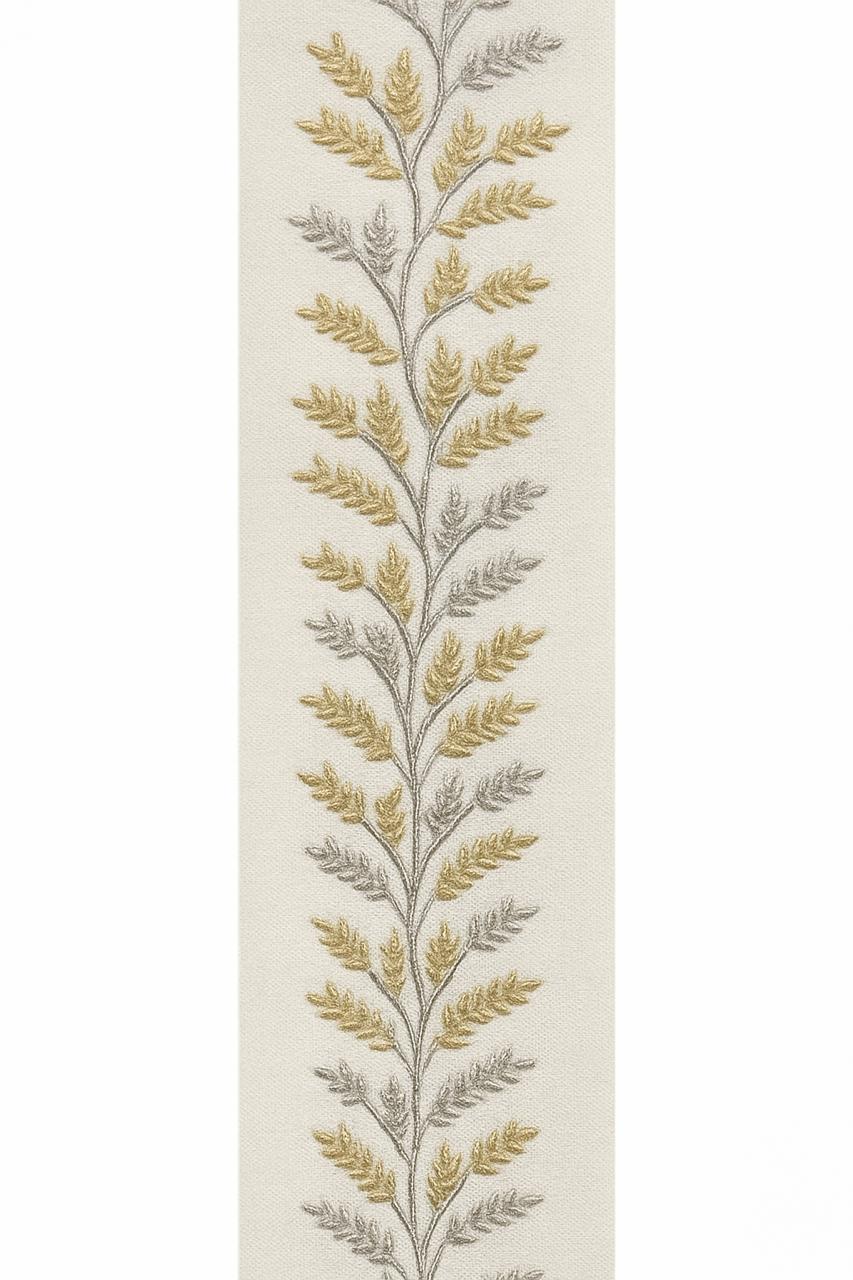 Embroidered Vine Leaf Curtain Trim: Green or Gold Grey, 9cm Wide