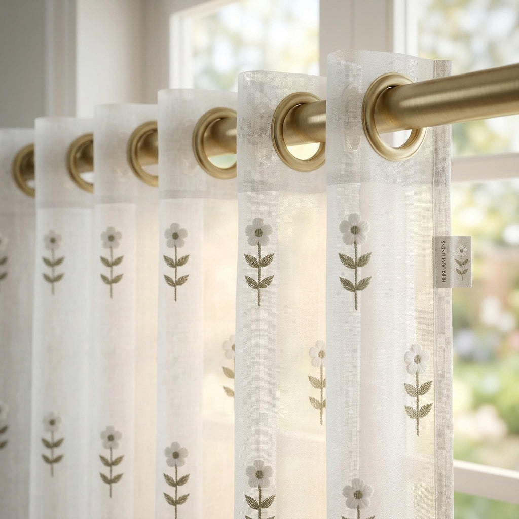 Embroidered Floral Sheer Curtains, Cottage Farmhouse Window Panels