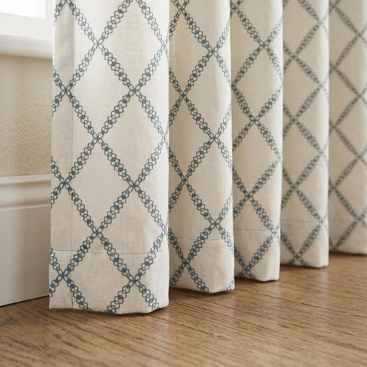 Blue Lattice Embroidered Curtains, Modern Linen Look Drapes, Geometric Window Panels, Custom Curtains