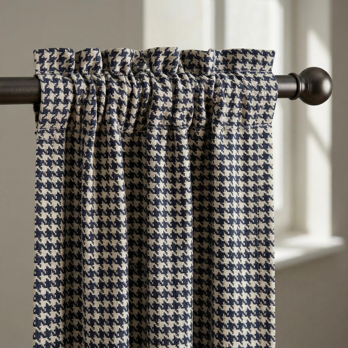 Navy Houndstooth Curtains, Grommet Top Drapes, Custom Size Window Panels, Modern Pattern Curtains for Living Room & Bedroom