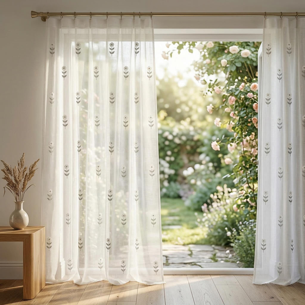 Embroidered Floral Sheer Curtains, Cottage Farmhouse Window Panels