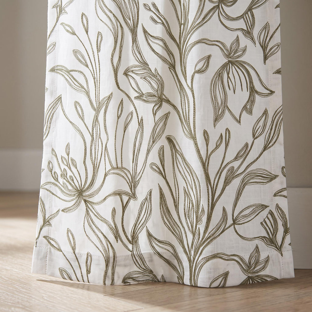 Custom Embroidered Floral Curtains, Olive Green Botanical Line Art Drapes, White Linen Look Window Treatments, Custom Sizes & Header Styles