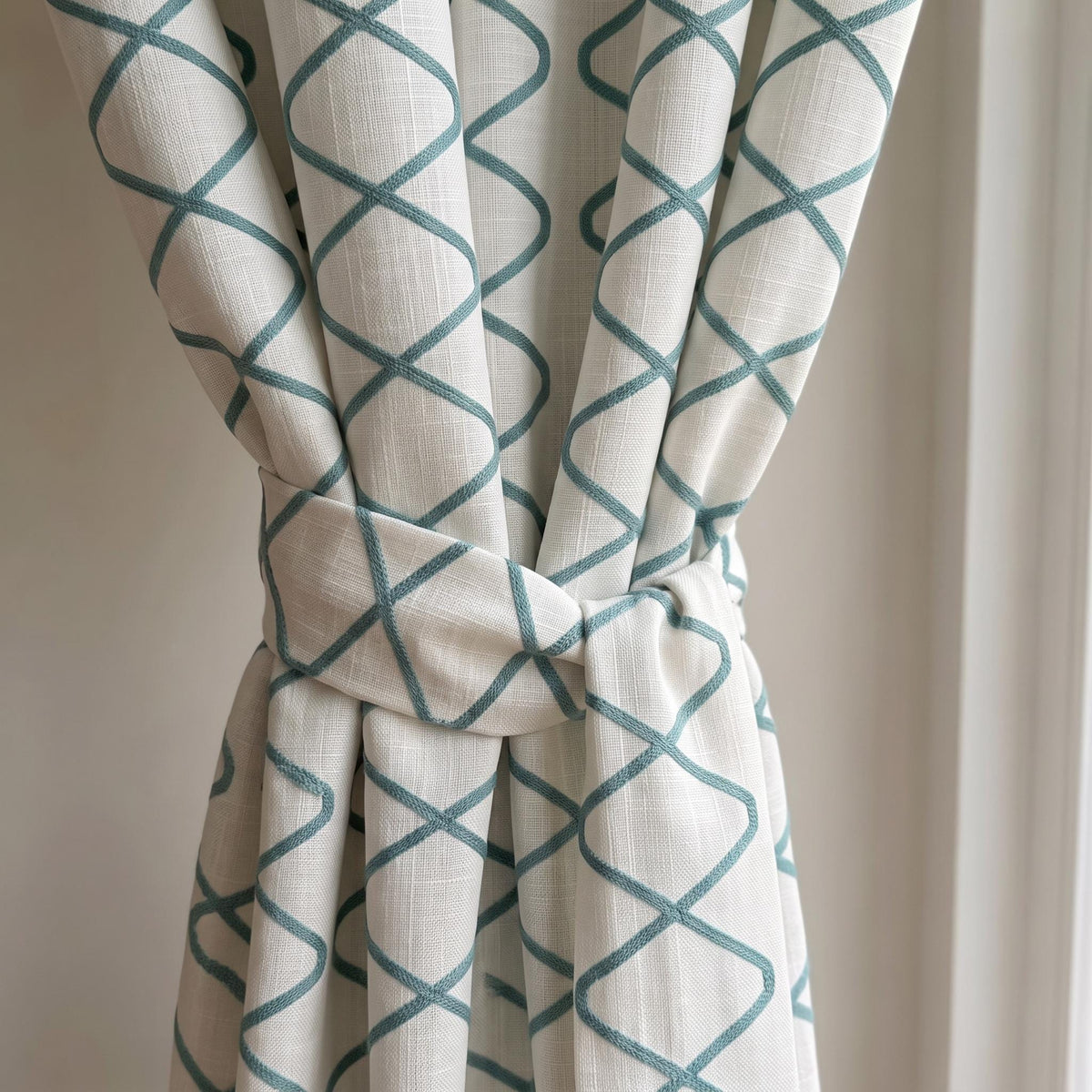 Embroidered Teal Geometric Linen Curtains, Custom Diamond Trellis Window Drapes, Coastal & Modern Farmhouse Curtain Panels
