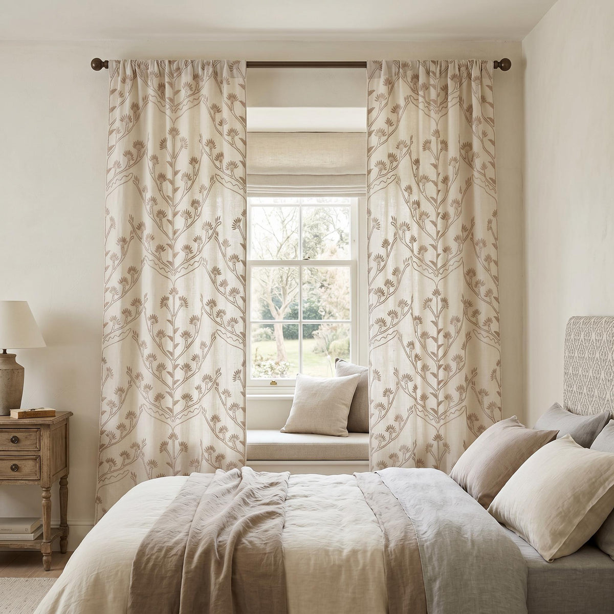 Neutral Floral Embroidered Curtains, Beige OEKO-TEX Cotton Linen Drapes, Taupe Botanical Custom Window Panels