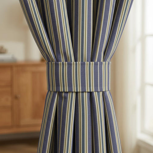 Blue & Beige Striped Curtains | Custom Made Rod Pocket Drapes | Linen Look Window Curtains | Farmhouse Coastal Bedroom Living Room