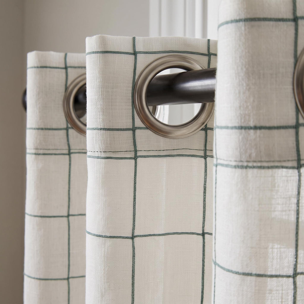 Embroidered Grid Curtain Panel, Sage Green Window Pane Drapes, Raised Stitch White Linen Blend Drapes, Custom Size Living Room Drapes