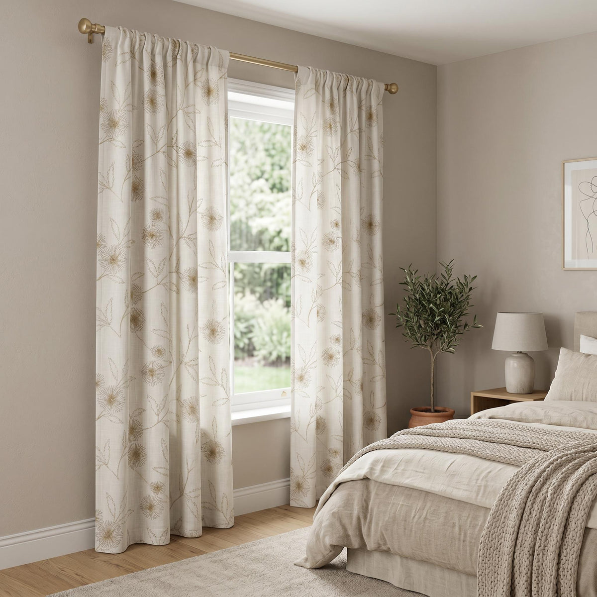 Embroidered Floral Linen Curtains, Neutral Beige Botanical Drapes, Custom Linen Curtain Panels, Light Filtering Window Curtains