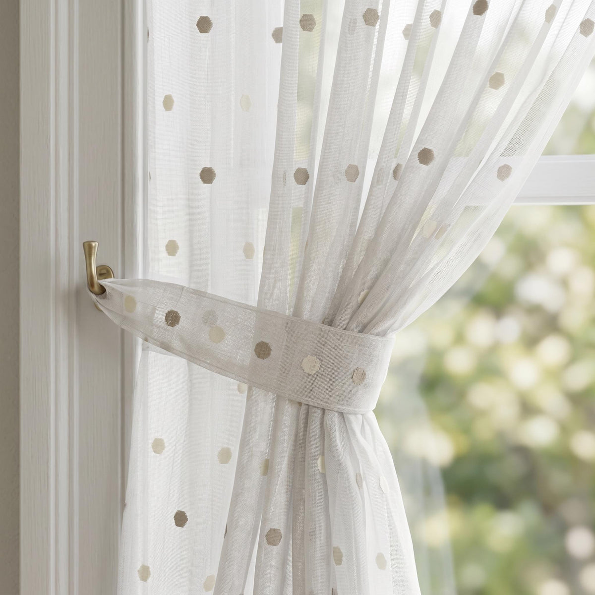 Beige Sheer Curtain Panel Linen, Embroidered Pattern Curtains, Light Filtering Drapes, Neutral Custom Curtains