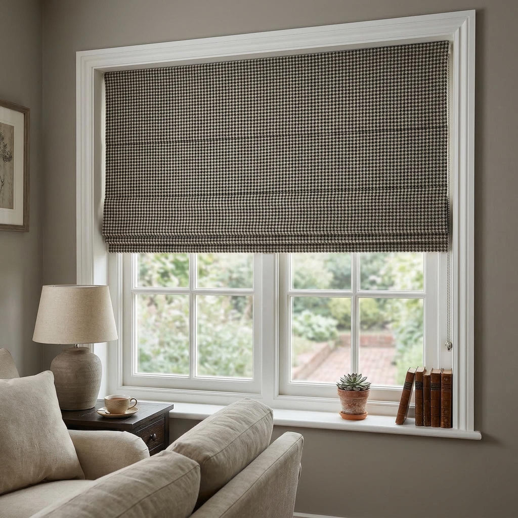 Houndstooth Roman Shade Custom | Blue Beige Window Blind | Modern Fabric Roman Curtain | Corded Roman Shade | Custom Window Treatment
