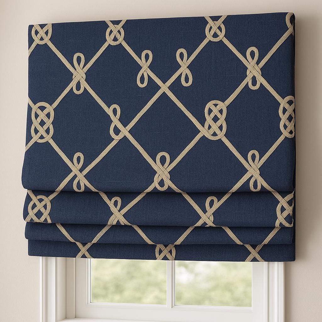 Navy Linen Roman Shade – Coastal Rope Embroidery, Custom Blind