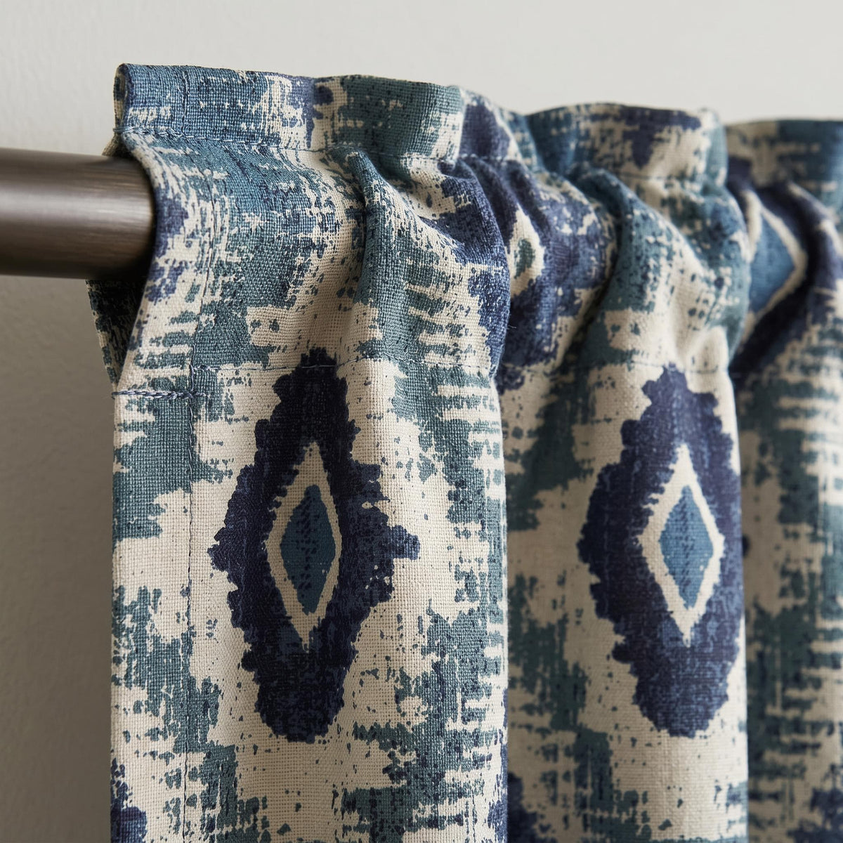 Navy Teal Geometric Curtains, Ikat Pattern Window Drapes, Linen  Custom Curtain Panels, Boho Farmhouse Decor, Blackout Available