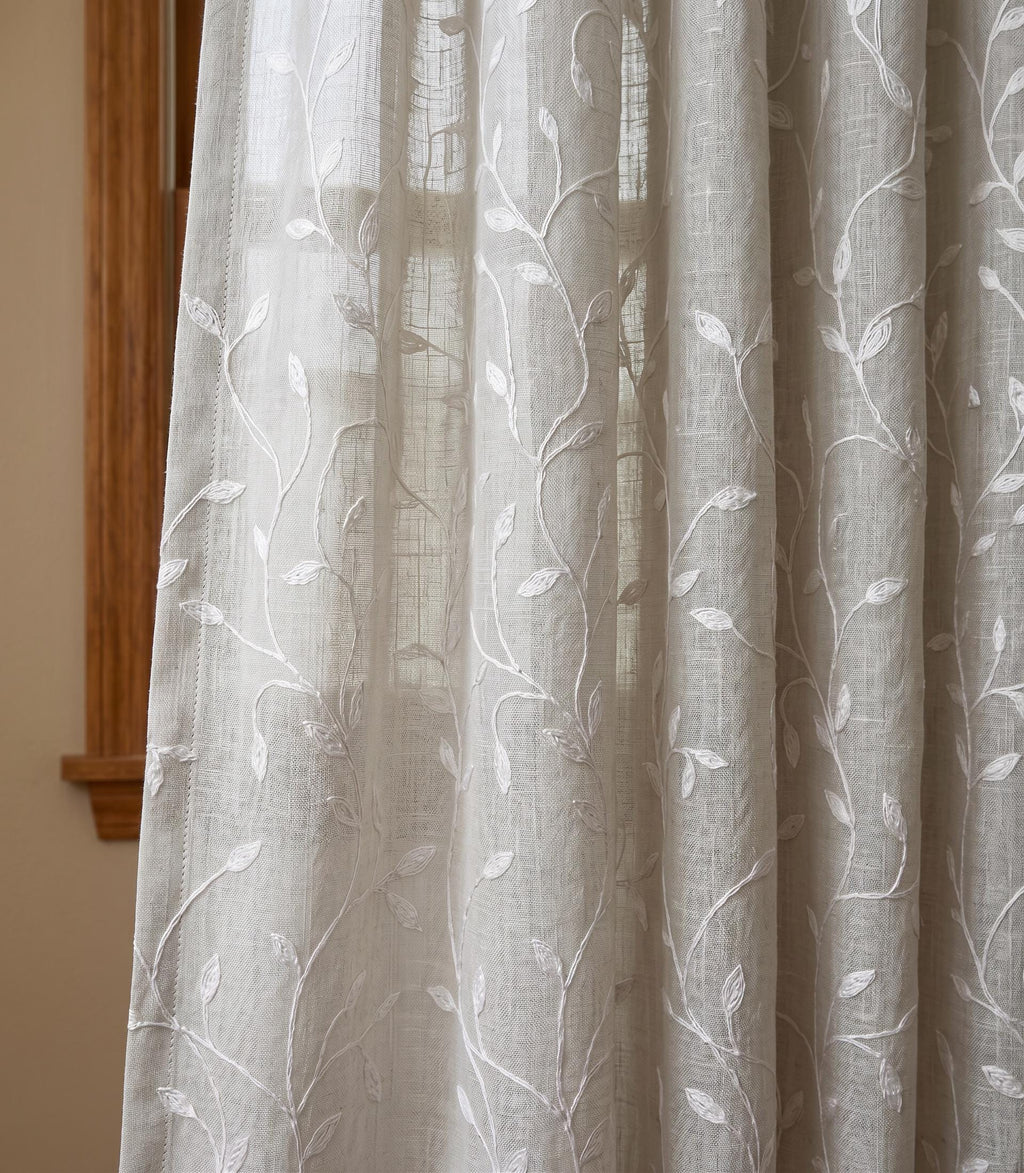White Sheer Embroidered Curtain, Leaf Vine Panel, Light Filtering Drapes, Custom Window Treatment